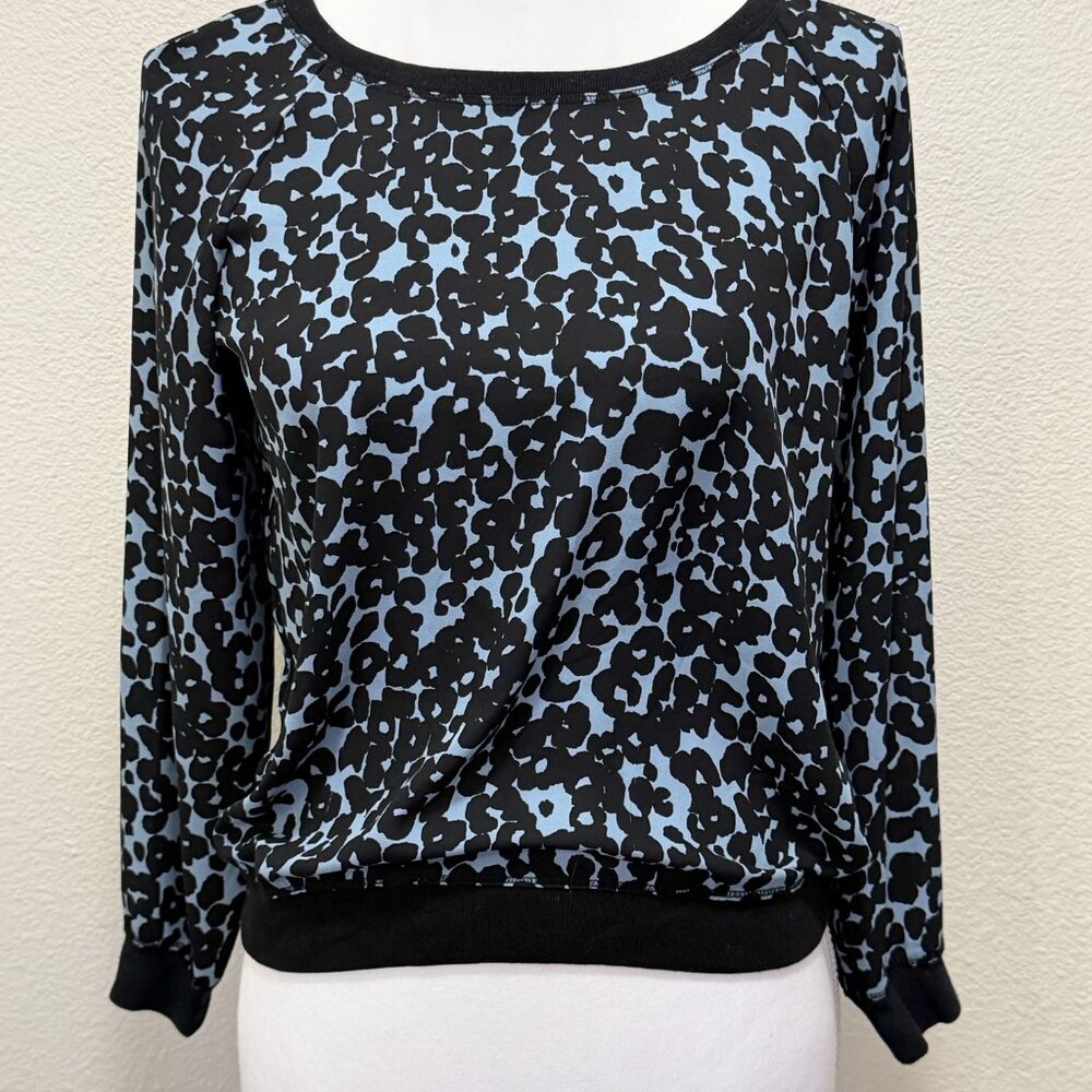 Loft by Ann Taylor blue and black sheer leopard print blouse, long sleeve PXS